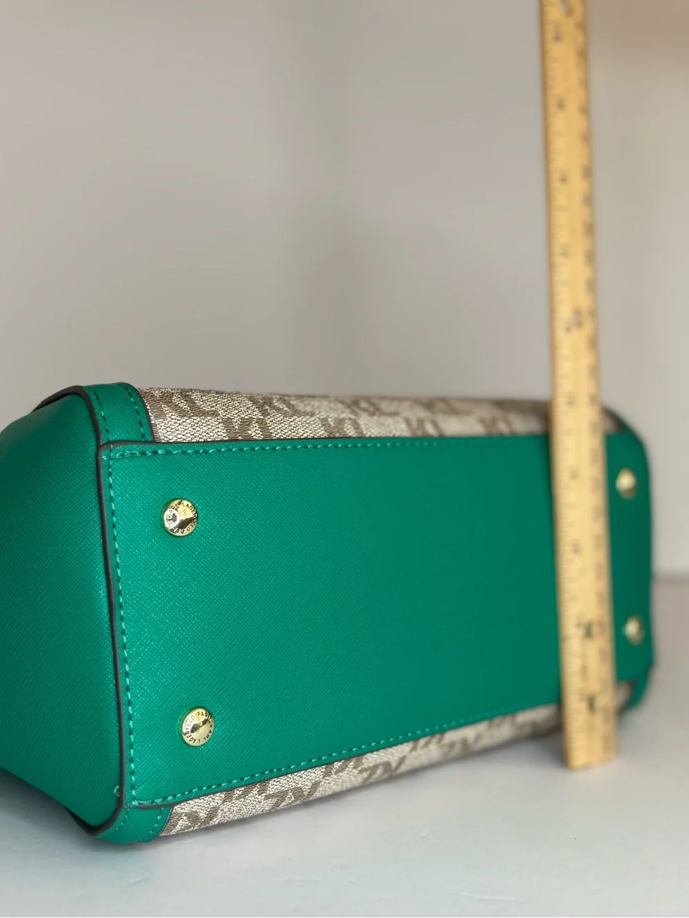 Karl Lagerfeld Teal and Beige Logo-Panel Satchel with Heart Charm